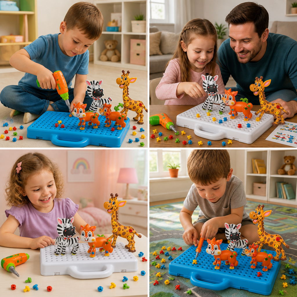 Safari Animal Building Block Set with Electric Toy Drill for Kids