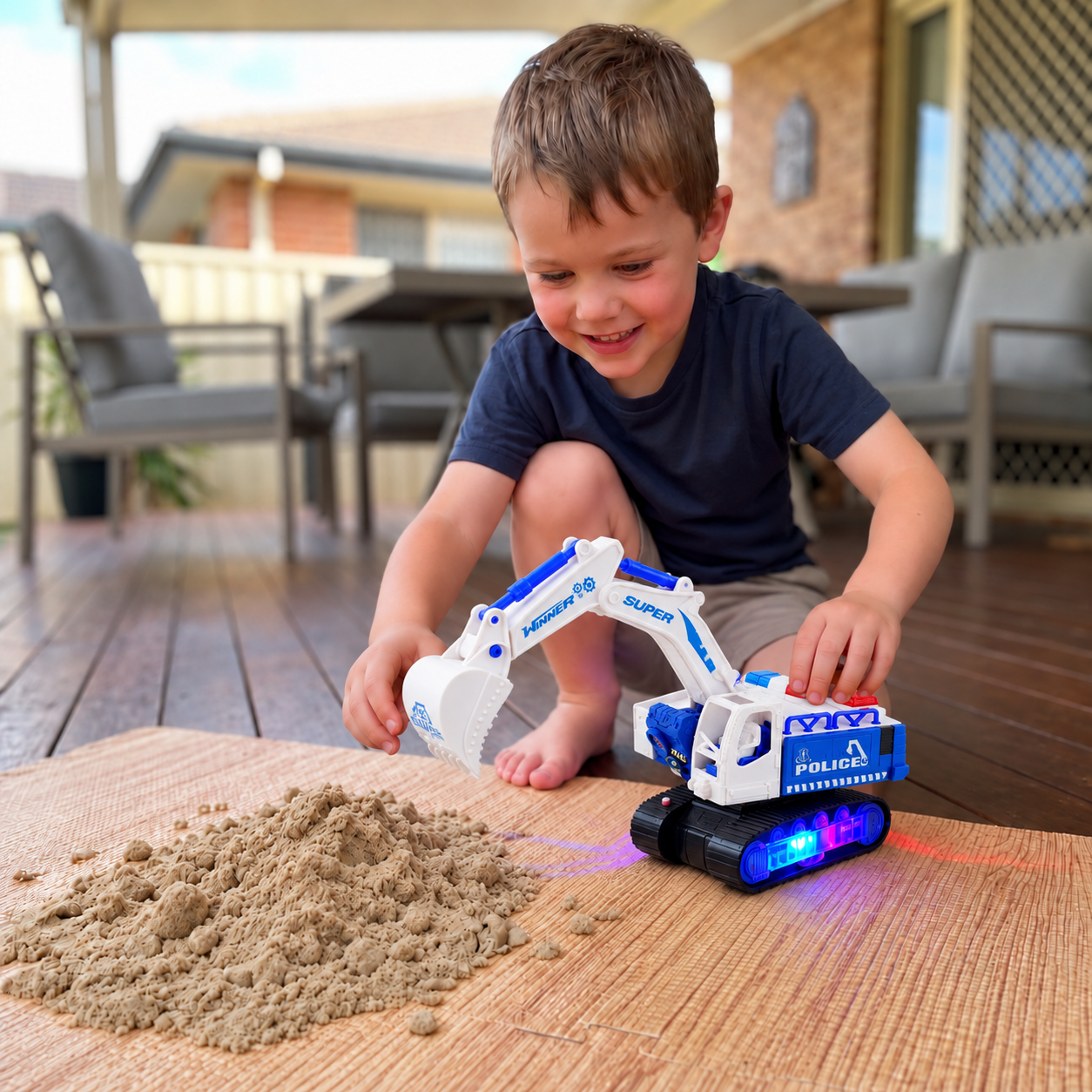 Transforming Police Robot Excavator Toy with Lights & Sounds