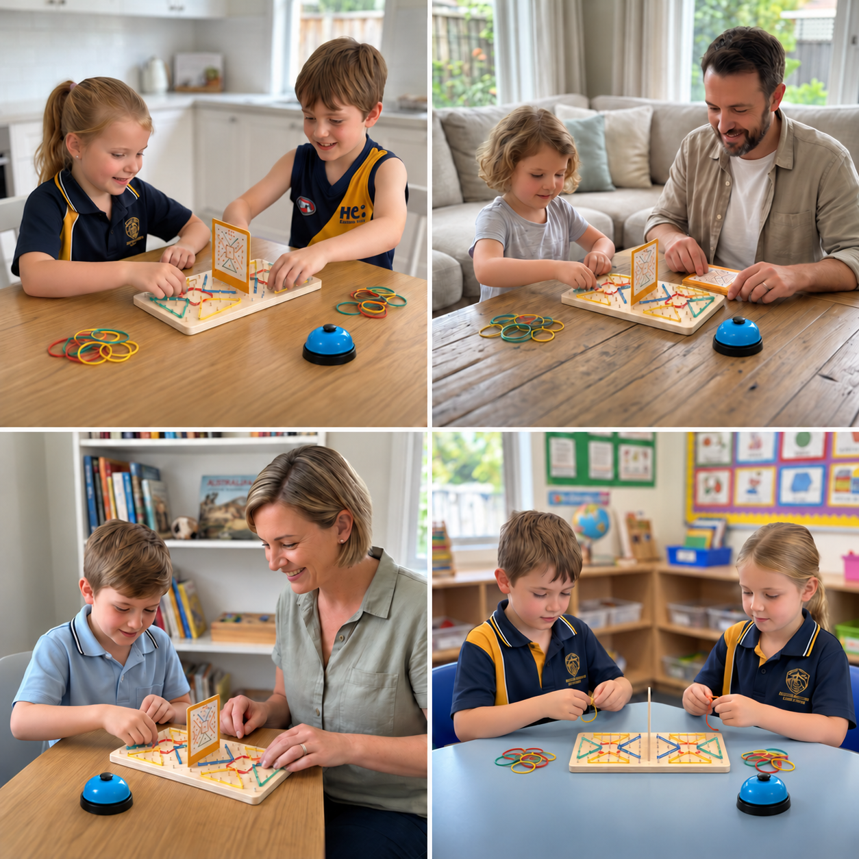 Montessori Wooden Geometry Battle Game with Colorful Rubber Bands