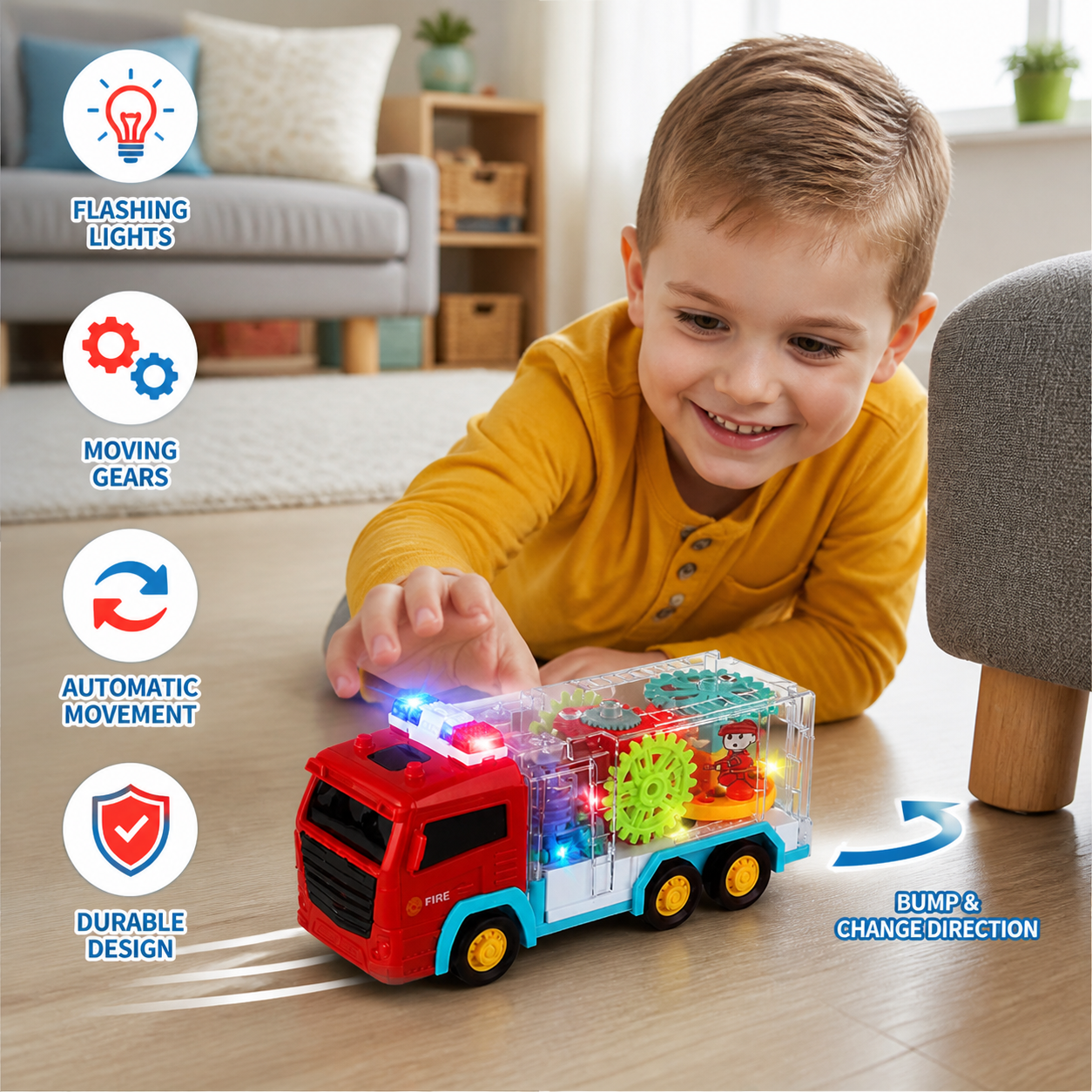 Interactive Gear Fire Truck Toy with Lights
