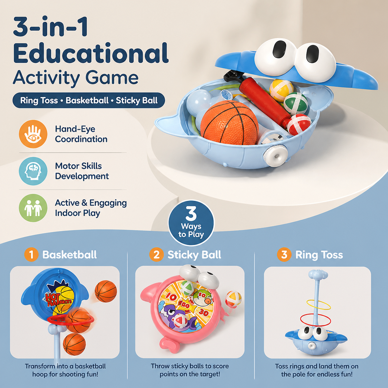 3-in-1 Educational Activity Game – Ring Toss, Basketball & Sticky Ball