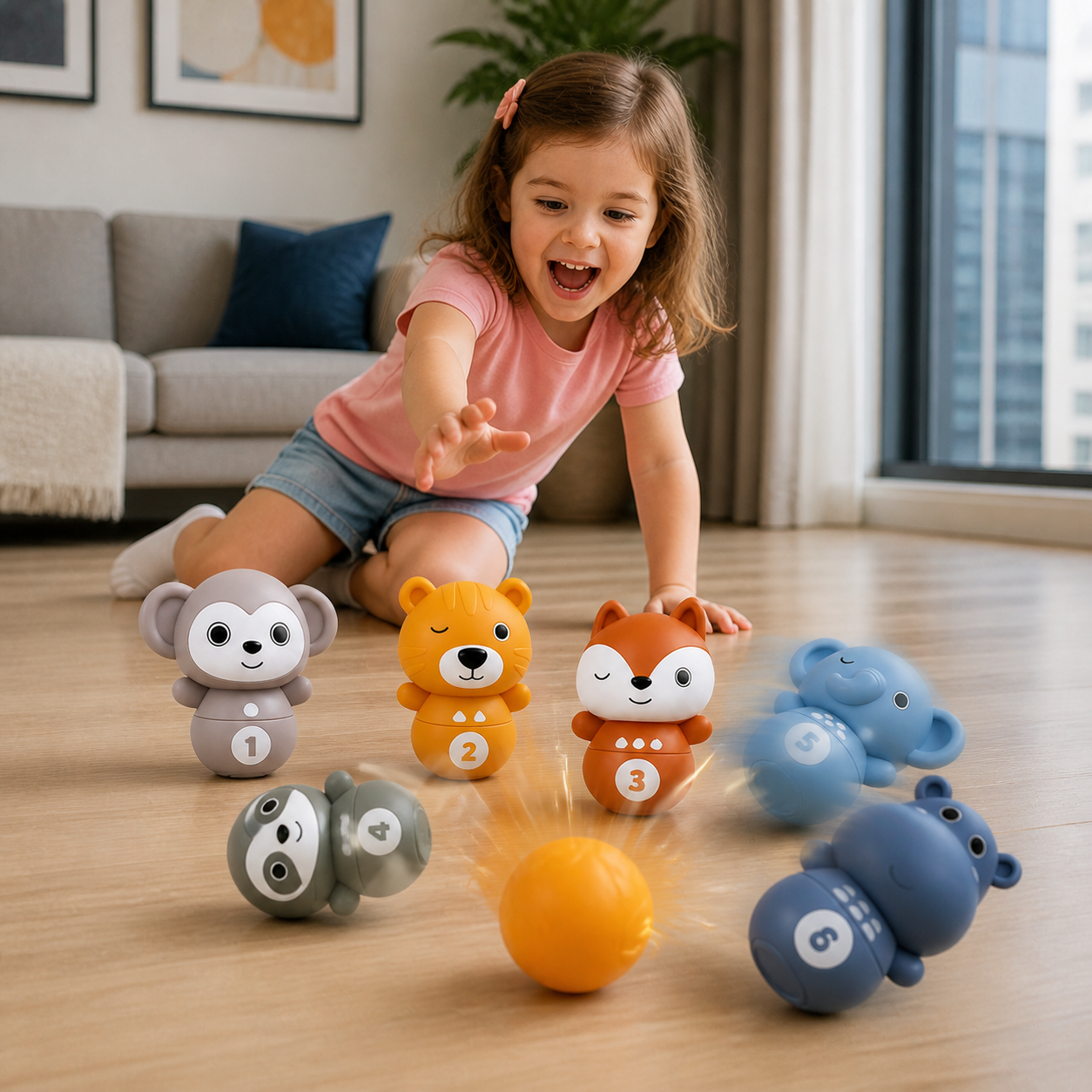 6-in-1 Soft Rubber Animal Bowling & Stacking Game – Montessori Learning Toy for Kids