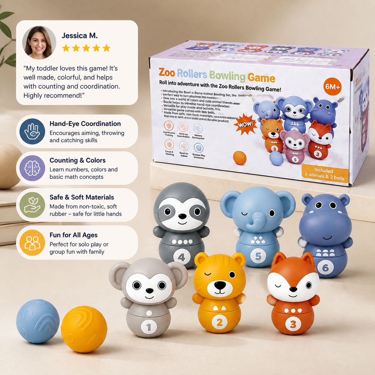 6-in-1 Soft Rubber Animal Bowling & Stacking Game – Montessori Learning Toy for Kids