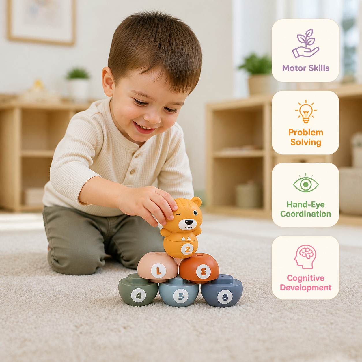 6-in-1 Soft Rubber Animal Bowling & Stacking Game – Montessori Learning Toy for Kids