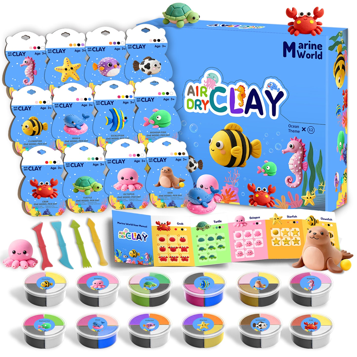 12-Piece Air Dry Clay Animal Craft Kit for Kids