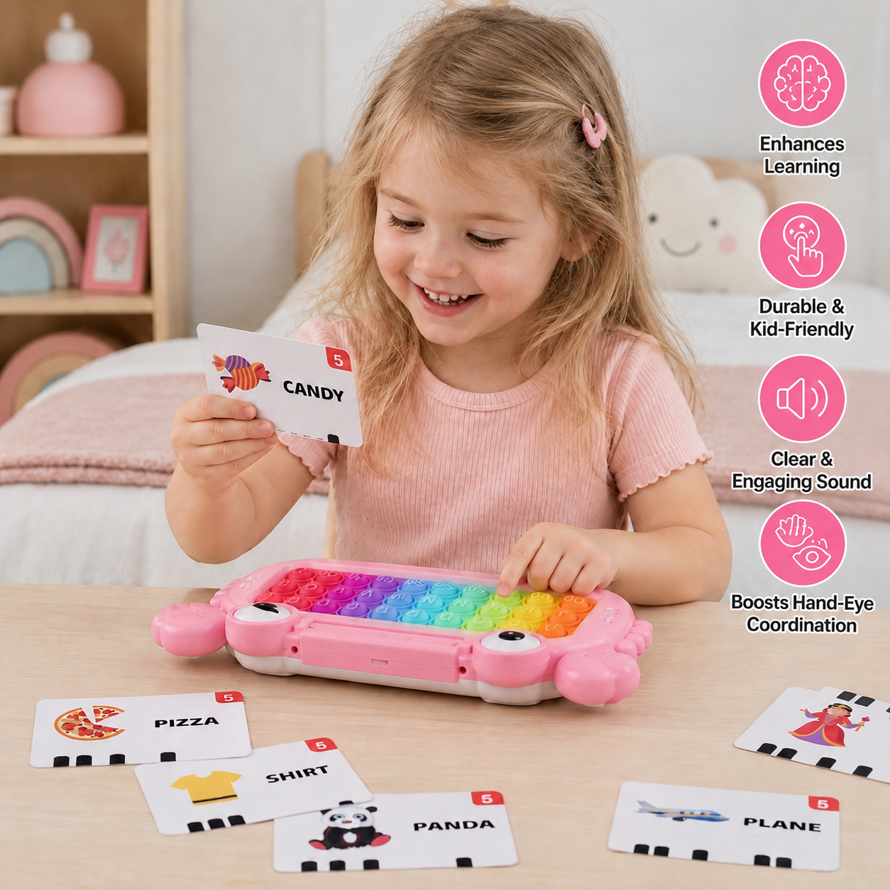 Interactive Talking Flash Card Learning Tablet with Pop-It Keyboard, Spelling & Phonics Games
