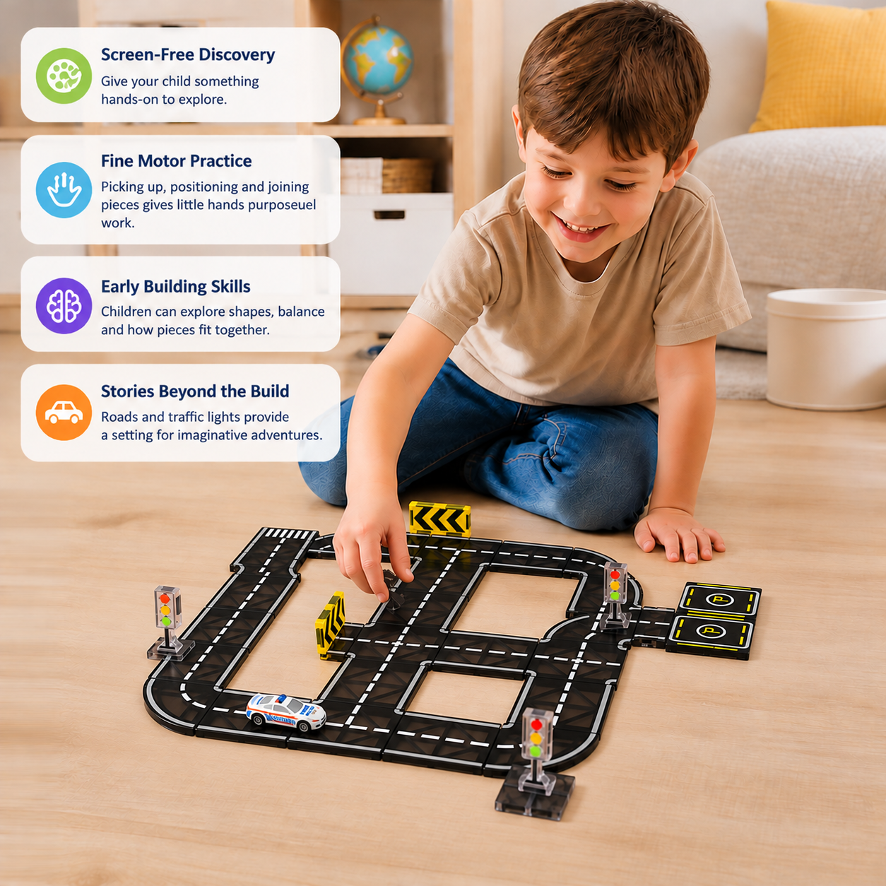 Magnetic Tiles & Building Blocks Set with Roads & Traffic Lights