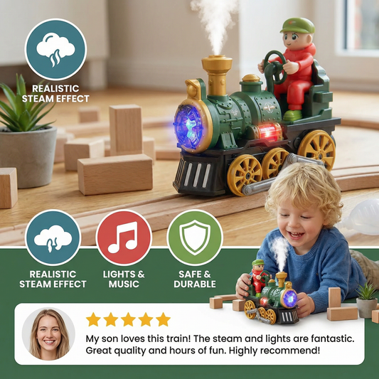 Cute Steam Train Toy with Lights, Music & Realistic Steam Effect