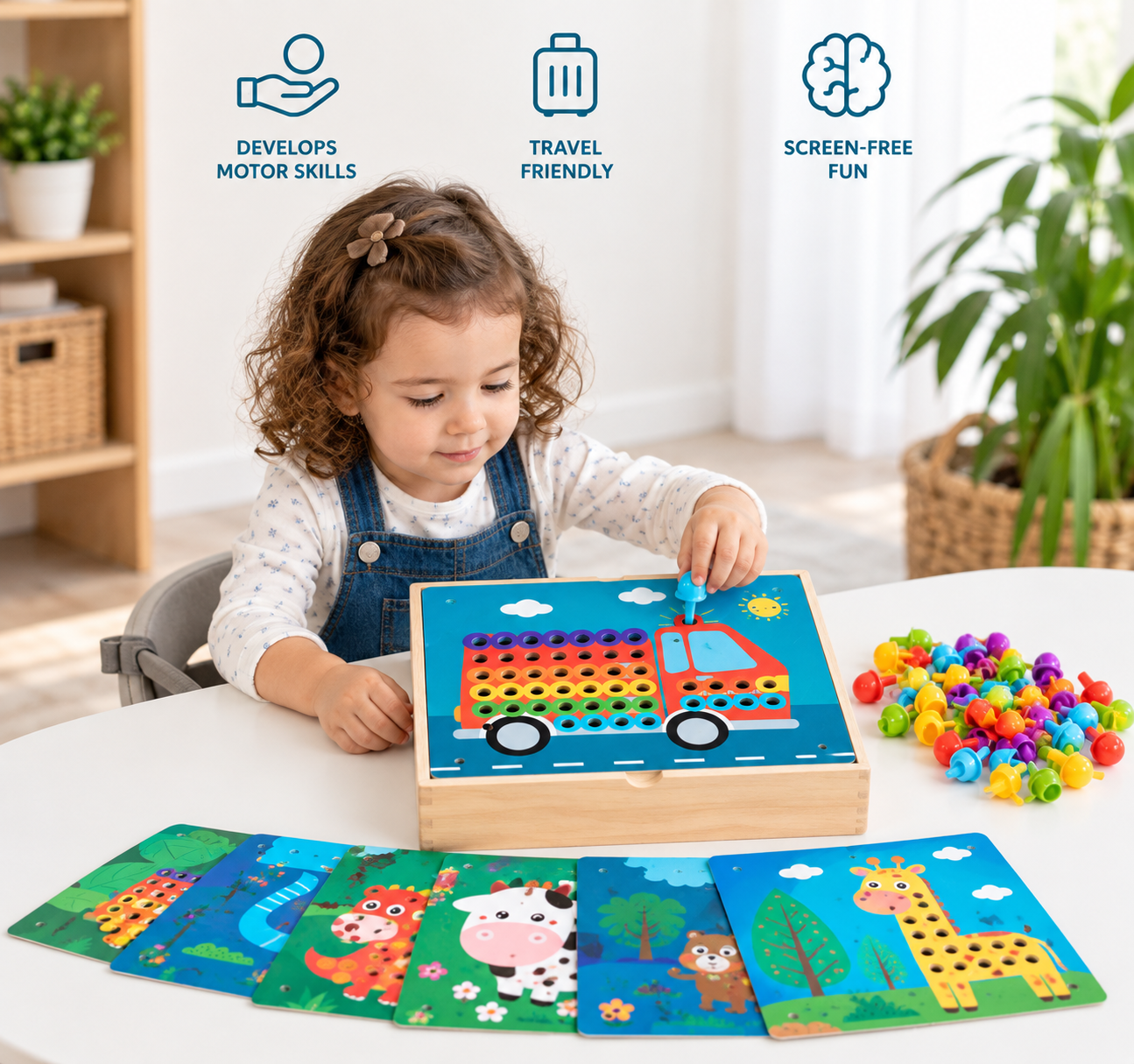 4-in-1 Montessori Wooden Sensory Activity Travel Board Box with Gears & Colorful Pegs