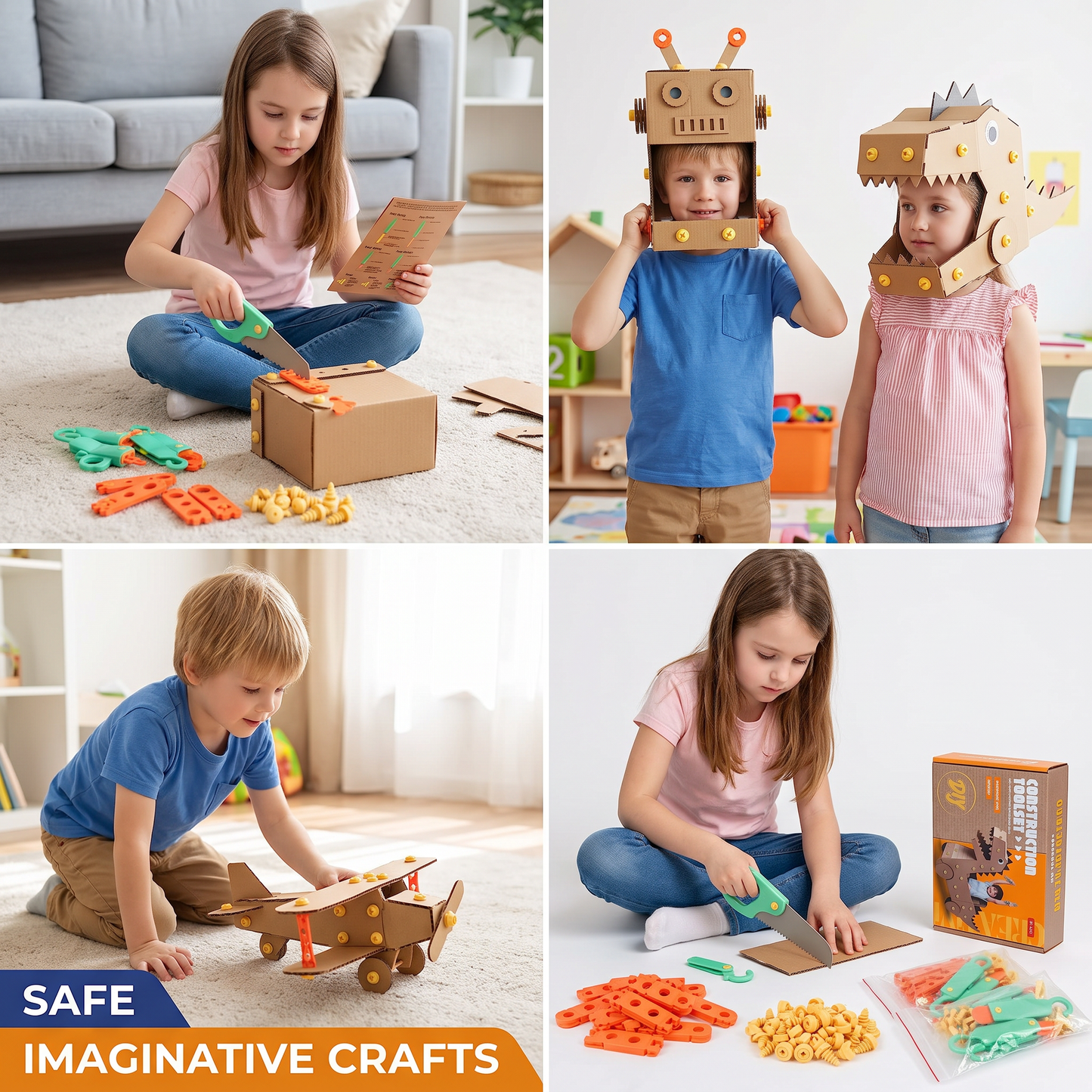 Safe 100-Piece STEM Cardboard Construction Kit with Tool Set for Kids
