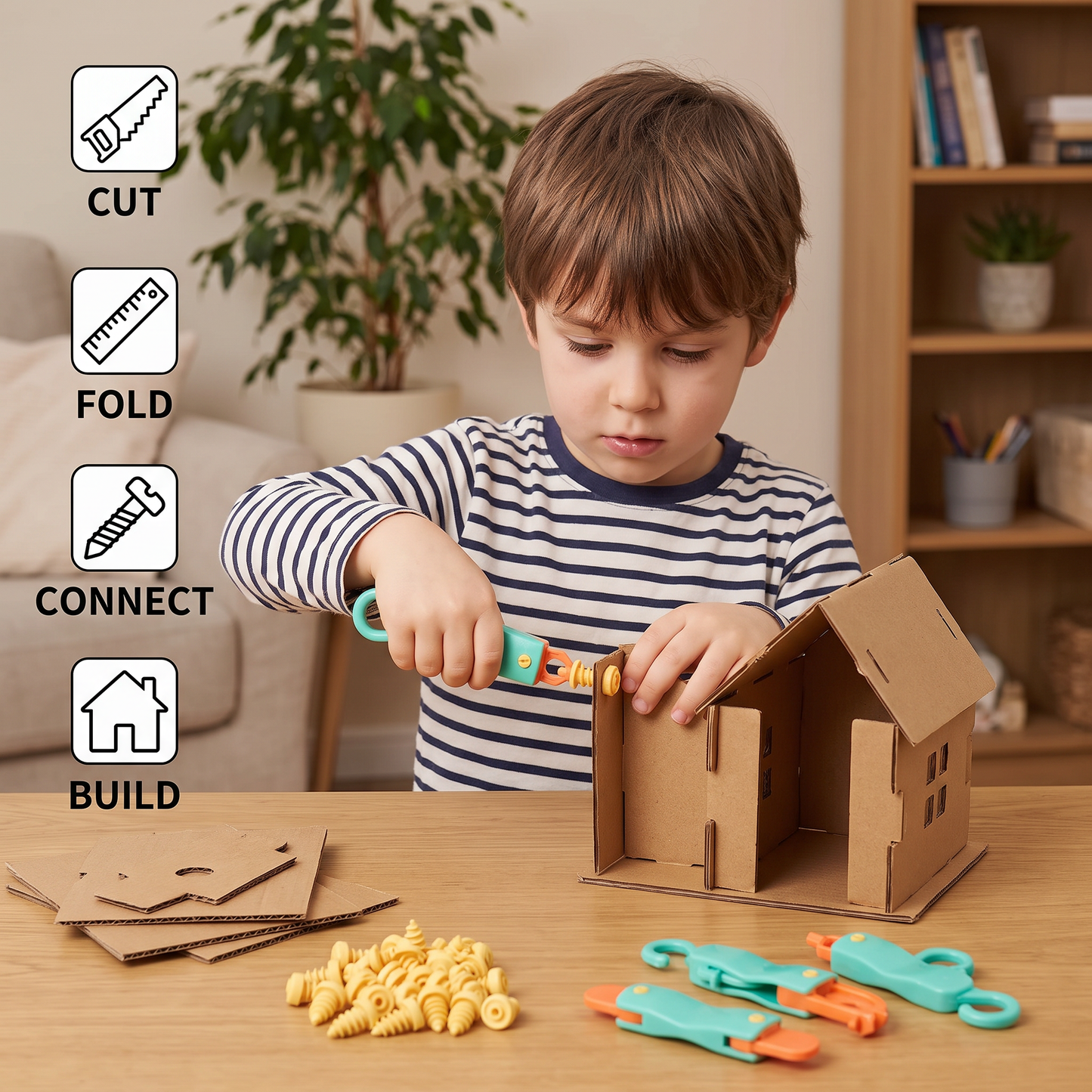 Safe 100-Piece STEM Cardboard Construction Kit with Tool Set for Kids