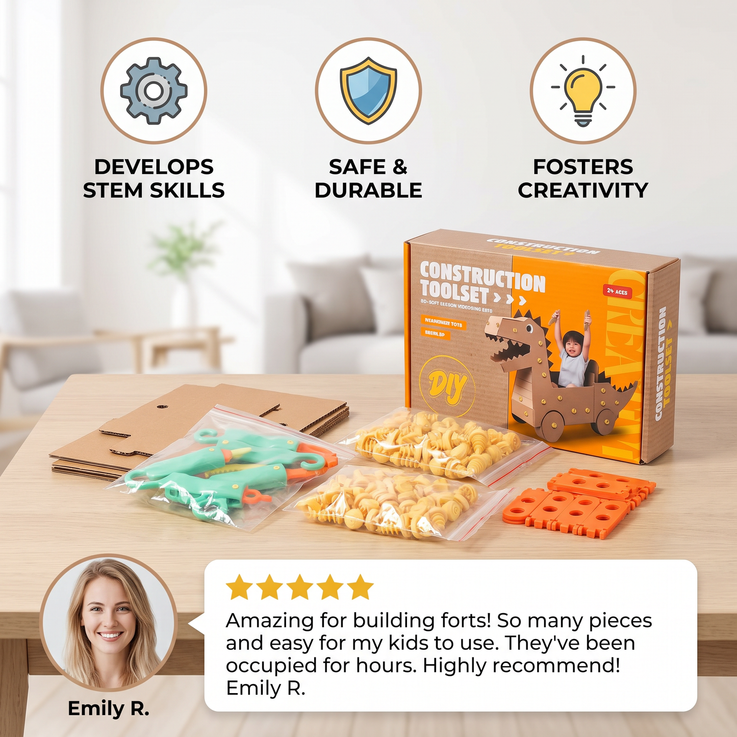 Safe 100-Piece STEM Cardboard Construction Kit with Tool Set for Kids