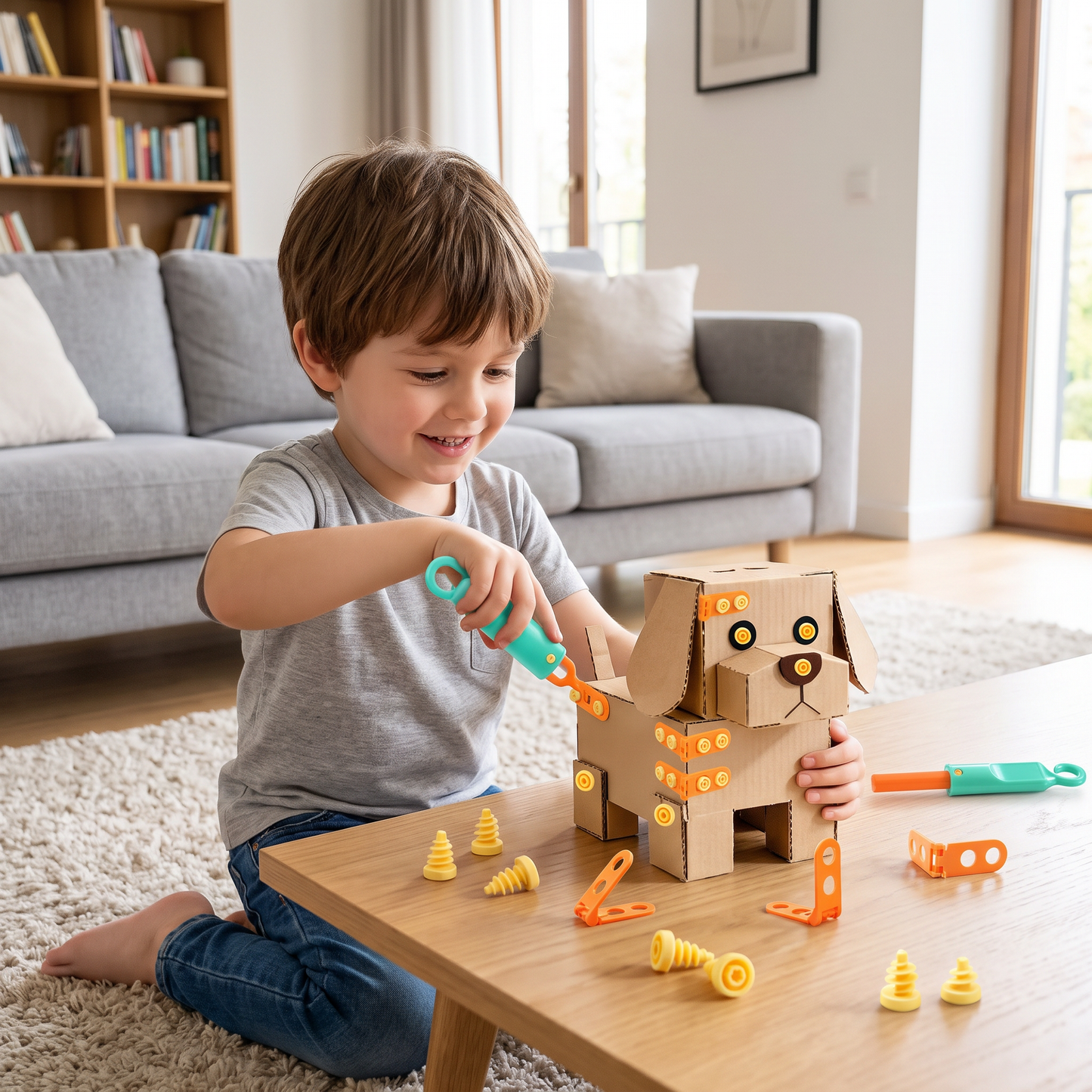 Safe 100-Piece STEM Cardboard Construction Kit with Tool Set for Kids