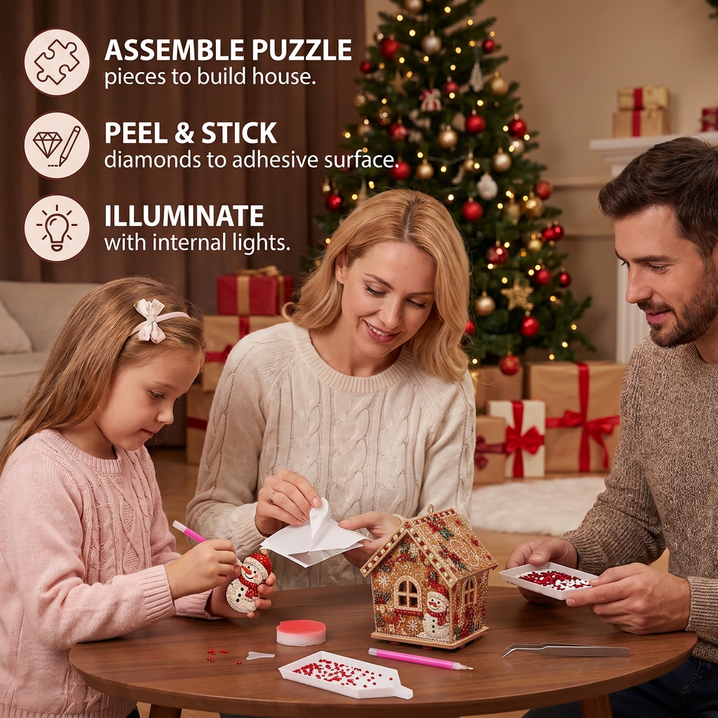DIY 3D Wooden Gingerbread House Puzzle & Diamond Art Kit