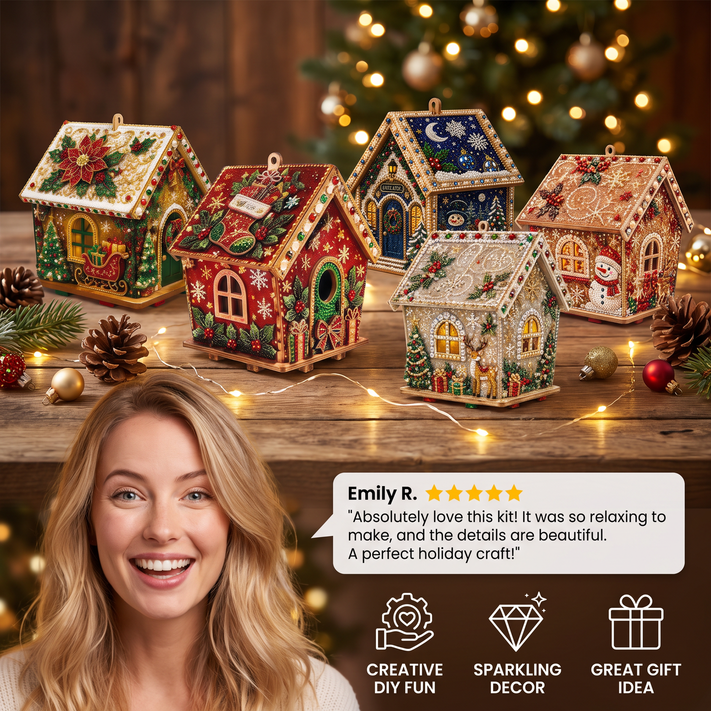 DIY 3D Wooden Gingerbread House Puzzle & Diamond Art Kit