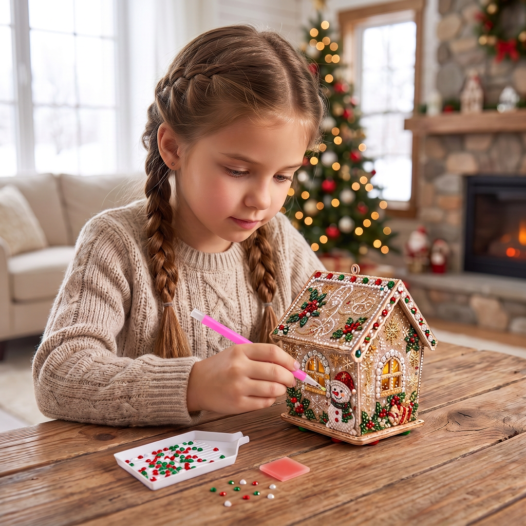 DIY 3D Wooden Gingerbread House Puzzle & Diamond Art Kit