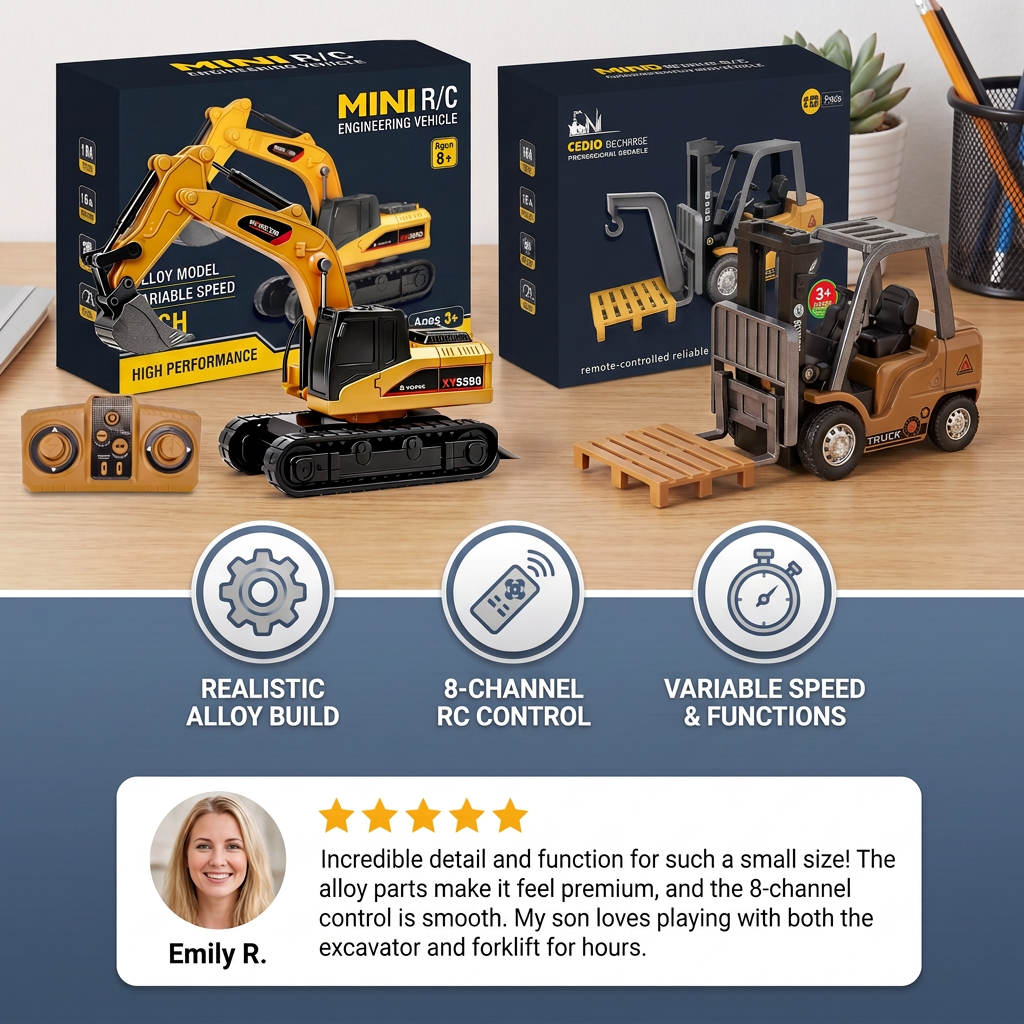 1:64 Scale RC Construction Vehicles – Forklift, Excavator, Dump Truck & Bulldozer