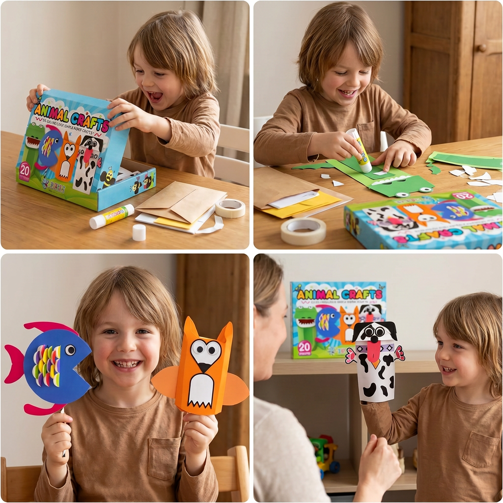 Kids Paper Crafts Box – 20 Easy DIY Arts & Crafts Projects for Ages 3–10 with Glue Stick, Tape & Envelopes