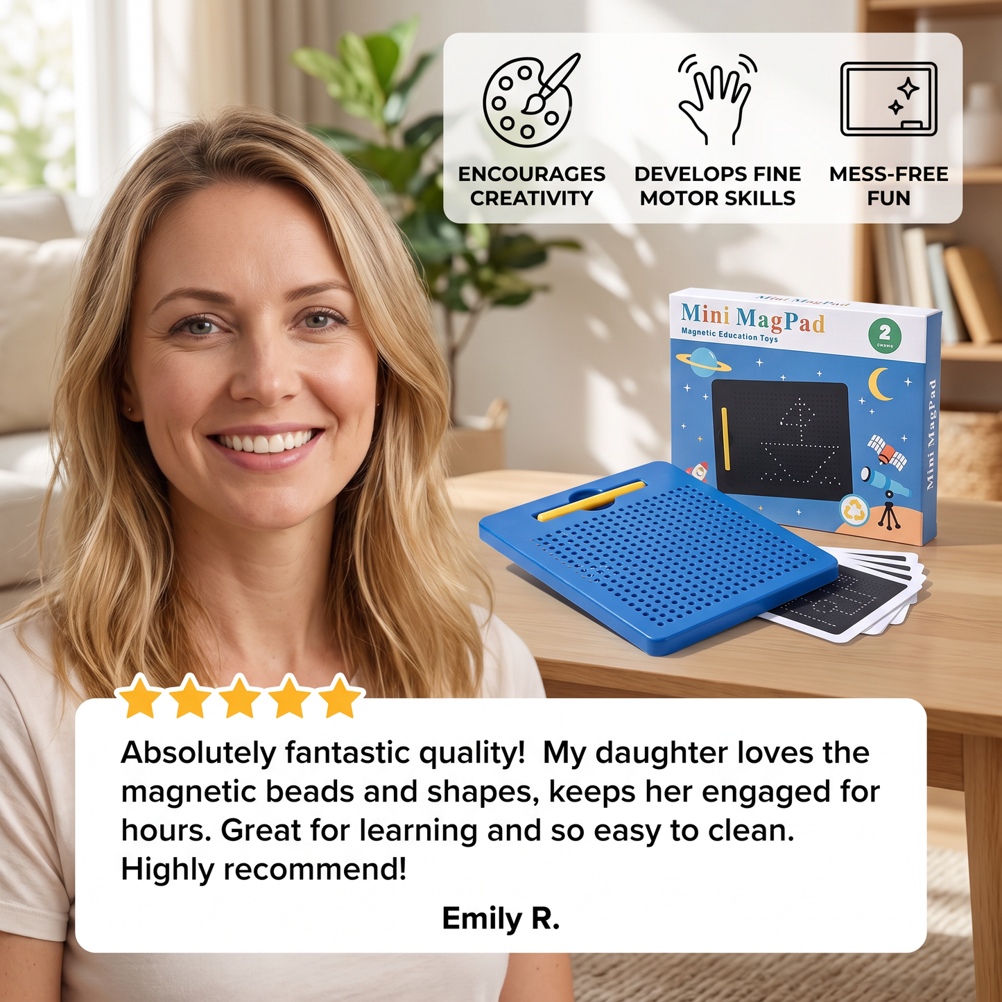 2-in-1 Magnetic Writing & Drawing Board with Snap-On Shape Tiles for Kids