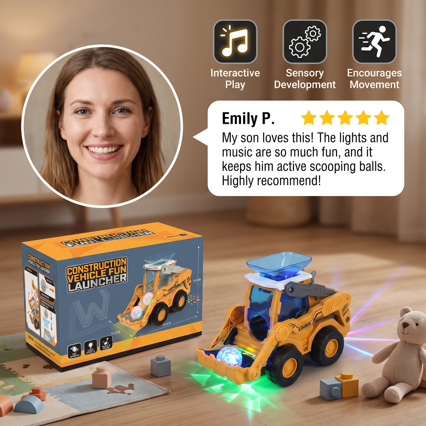 Musical Light-Up Excavator Toy with Continuous Ball Scooping Action