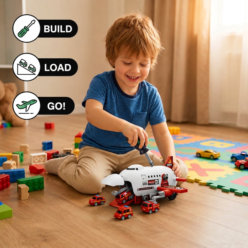 DIY Airplane Transport Truck Playset with Construction Vehicles