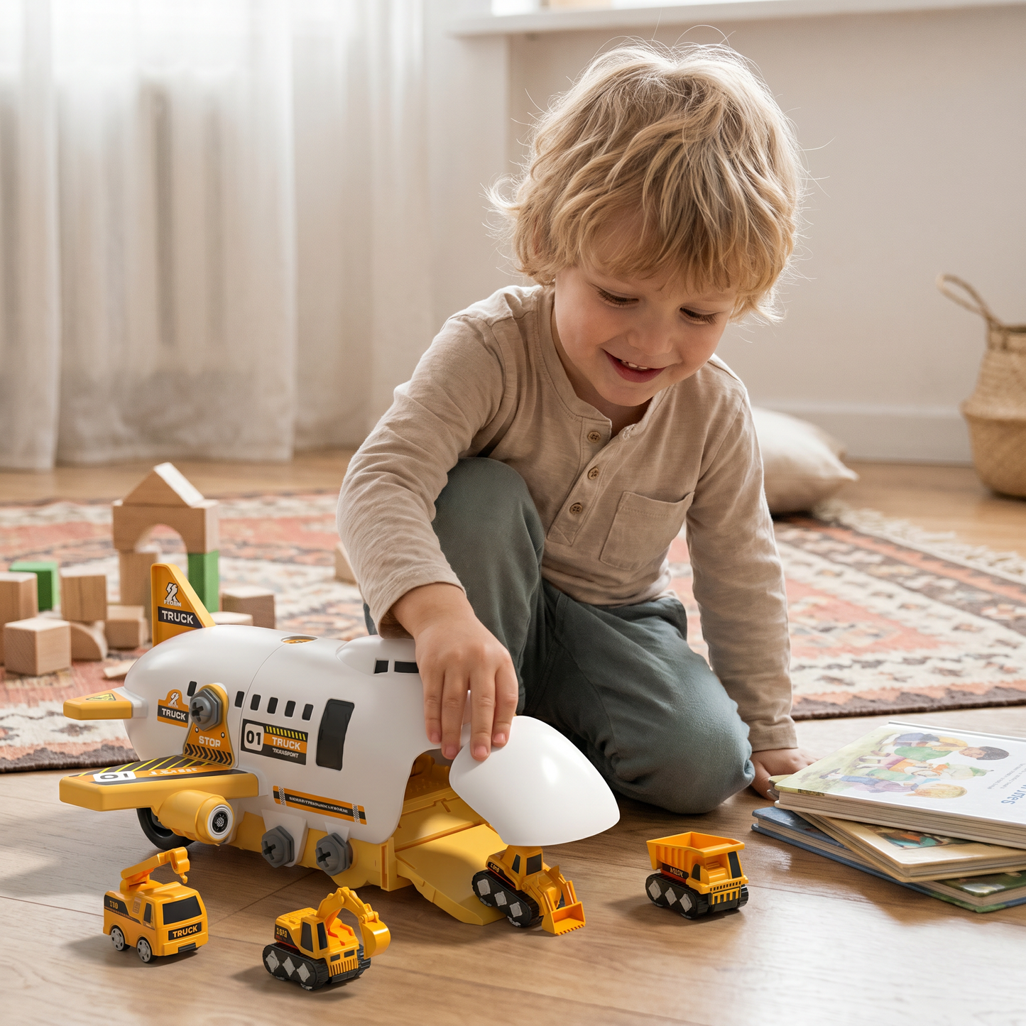 DIY Airplane Transport Truck Playset with Construction Vehicles