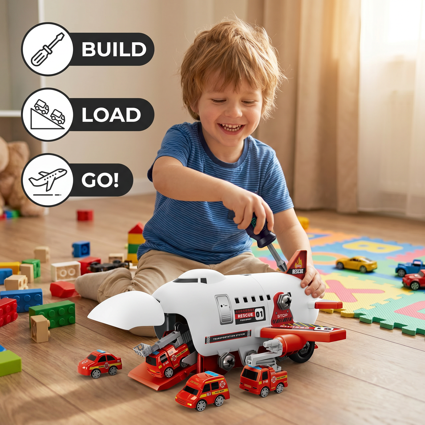 DIY Airplane Transport Truck Playset with Construction Vehicles