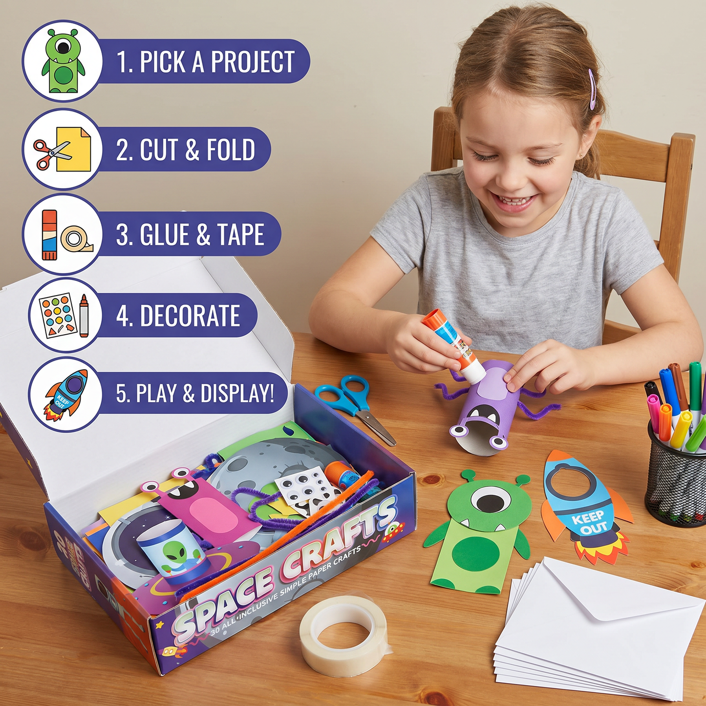 Kids Paper Crafts Box – 20 Easy DIY Arts & Crafts Projects for Ages 3–10 with Glue Stick, Tape & Envelopes