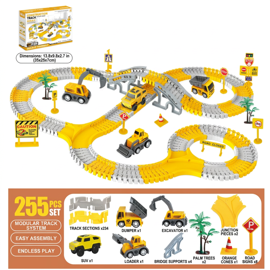 Construction Truck Race Track Playset with Bridge, Vehicles & Road Signs