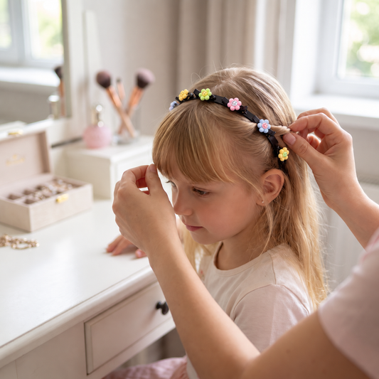 Cute Hair Clips & Bands for Girls with Flower, Strawberry & Rainbow Charms