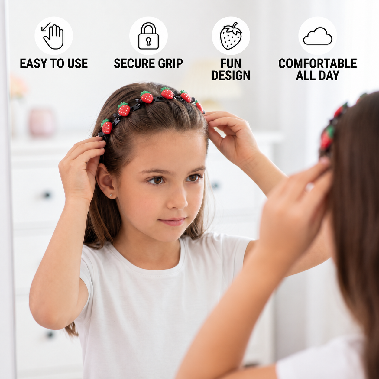 Cute Hair Clips & Bands for Girls with Flower, Strawberry & Rainbow Charms