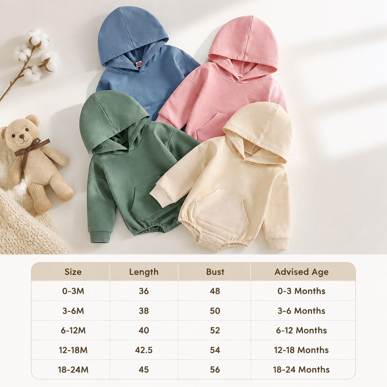 Hooded Baby Romper – Soft Long Sleeve Onesie with Front Pocket