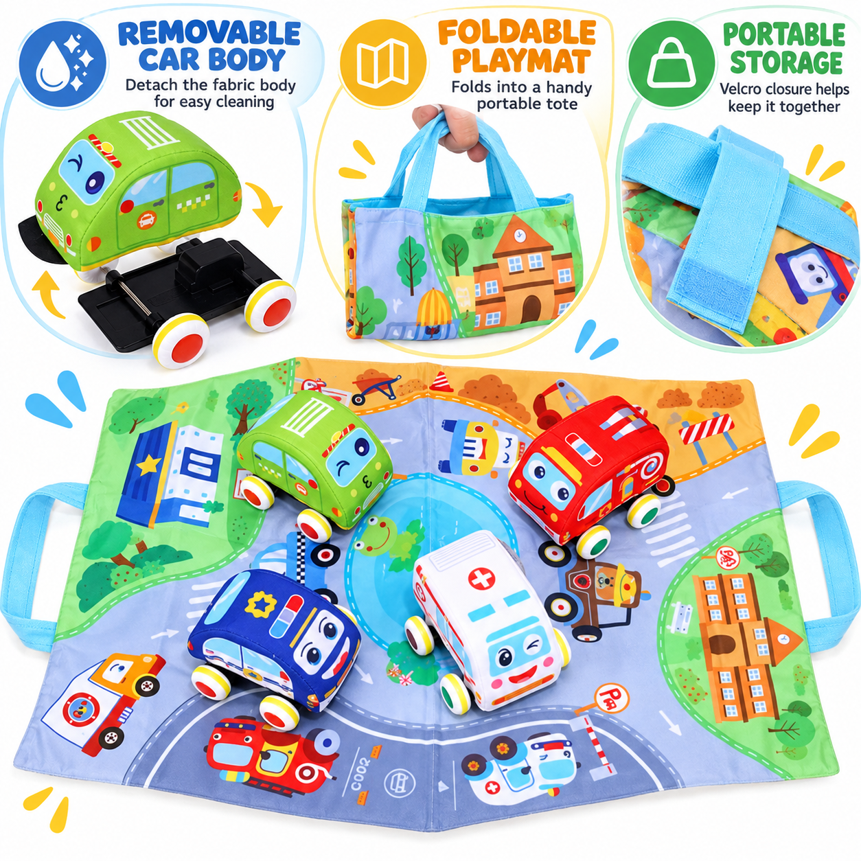 Soft Plush Pull-Back Car Set with 2-in-1 Play Mat & Storage Bag