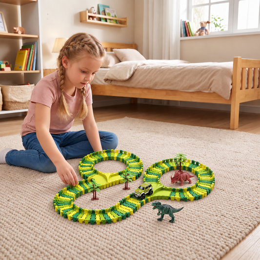 215-Piece Dinosaur Race Track Set with Motorized Cars, Bridge & Dinosaur Figures