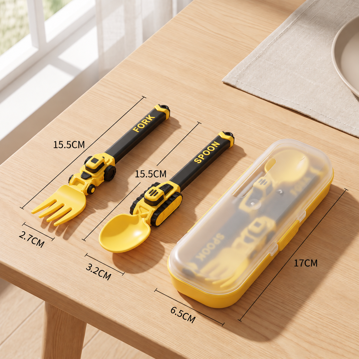 3-Piece Construction Vehicle Kids’ Utensil Set with Spoon, Fork & Travel Case