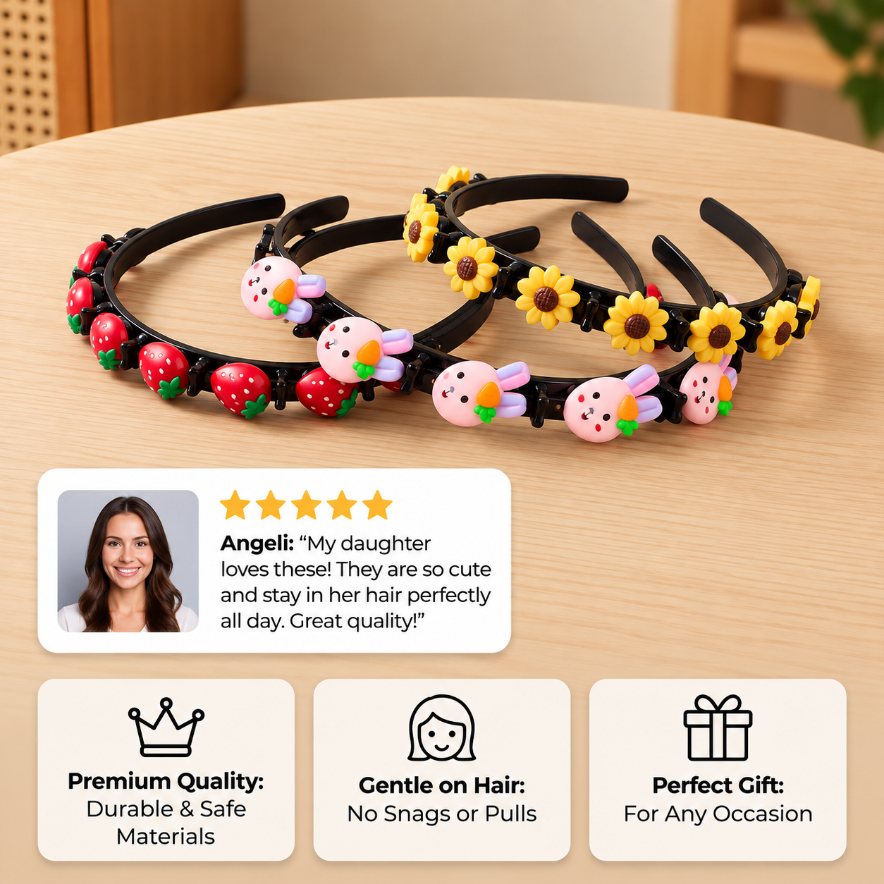Cute Hair Clips & Bands for Girls with Flower, Strawberry & Rainbow Charms