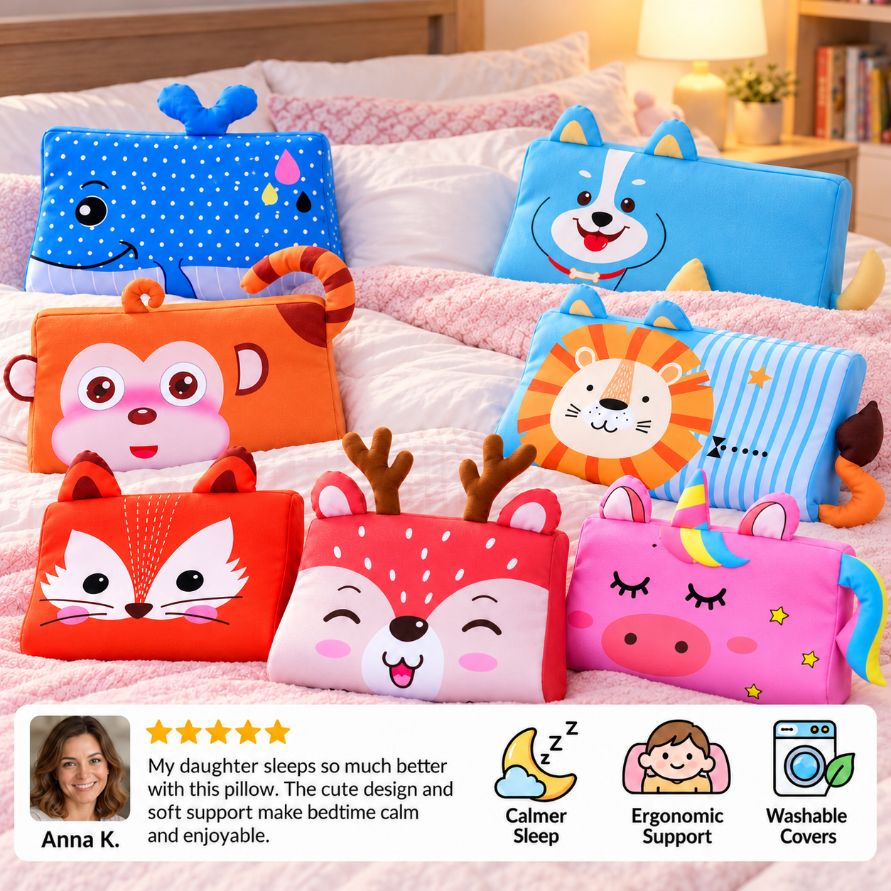 Calming Ergonomic Kids’ Pillow with Cartoon Animal Pillowcase