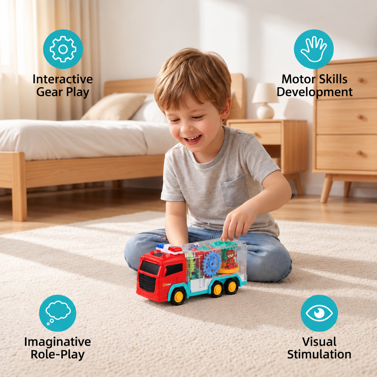 Interactive Fire Truck Toy with Colorful Moving Gears
