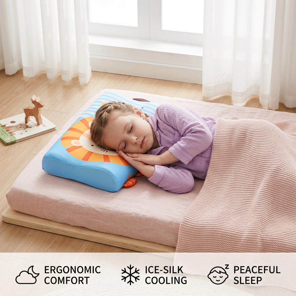 Calming Ergonomic Kids’ Pillow with Cartoon Animal Pillowcase
