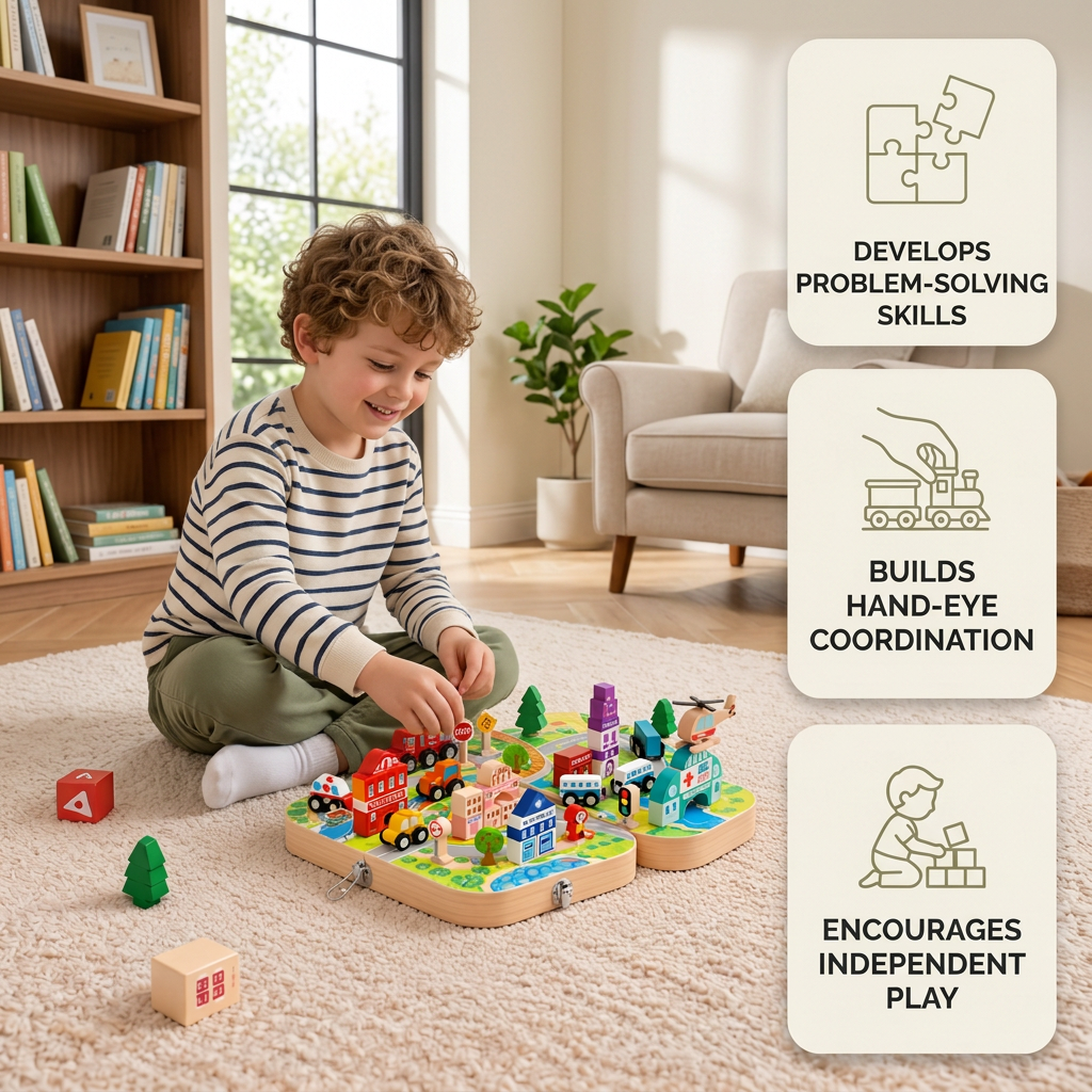 Wooden City Building Blocks & Train Track Travel Set