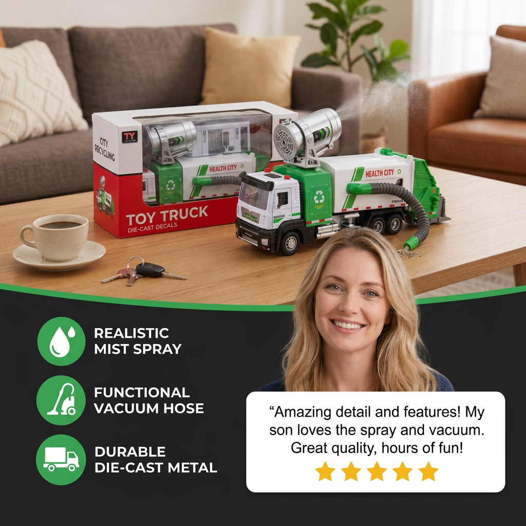 Die-Cast Street Sweeper Toy Truck with Vacuum Hose & Mist Spray