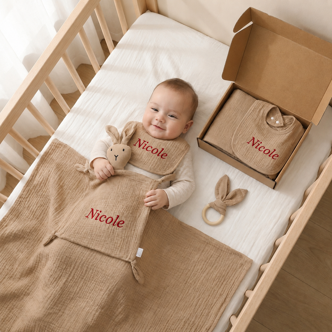 Personalised 4-Piece Newborn Gift Set – Muslin, Bunny Comforter, Teether & Bib (100% Cotton)