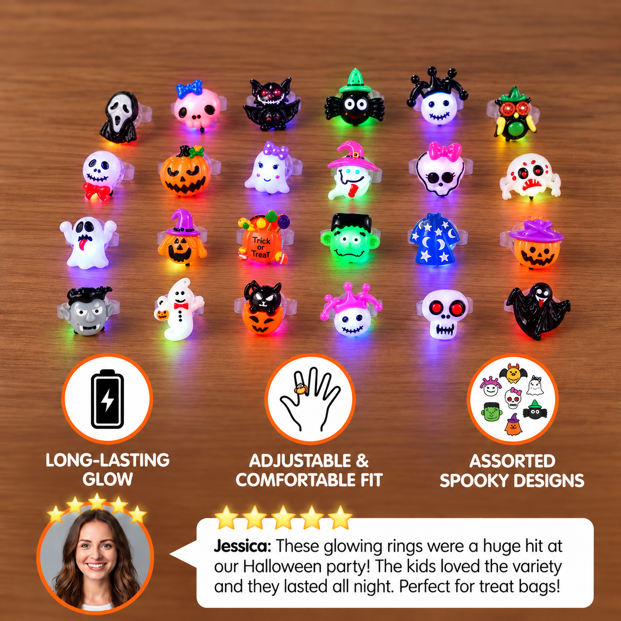24-Pack Flashing LED Halloween Rings for Kids’ Party Favors & Treat Bags