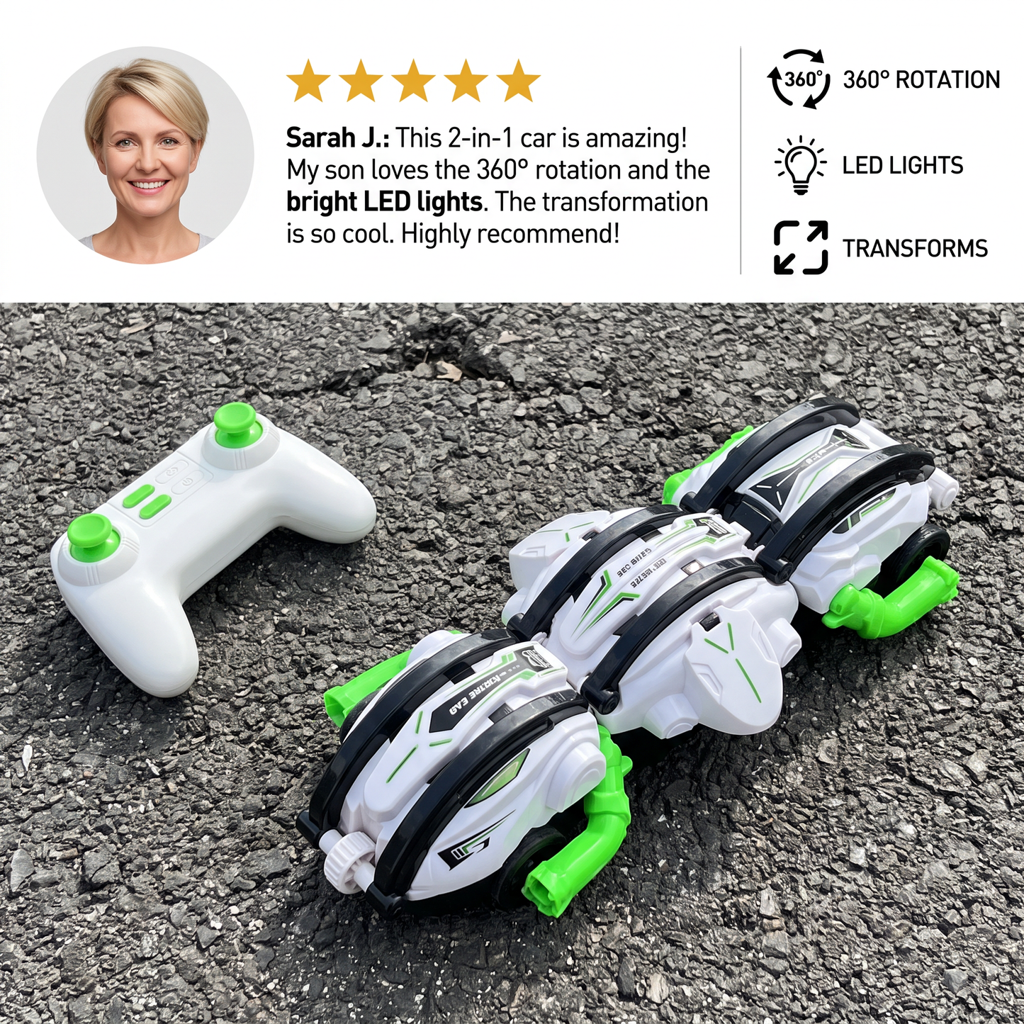 2-in-1 Remote Control Transforming Stunt Car with 360° Rotation & LED Lights