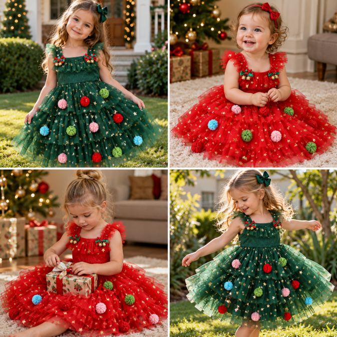 Girls’ Christmas Tutu Dress with Pom-Poms, Sequin Stars & Ruffled Sleeves