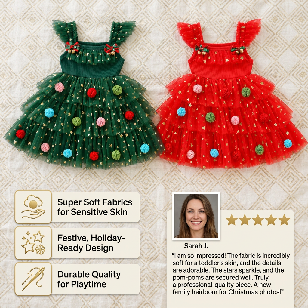 Girls’ Christmas Tutu Dress with Pom-Poms, Sequin Stars & Ruffled Sleeves