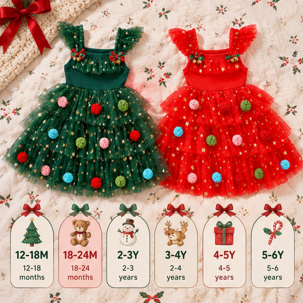 Girls’ Christmas Tutu Dress with Pom-Poms, Sequin Stars & Ruffled Sleeves