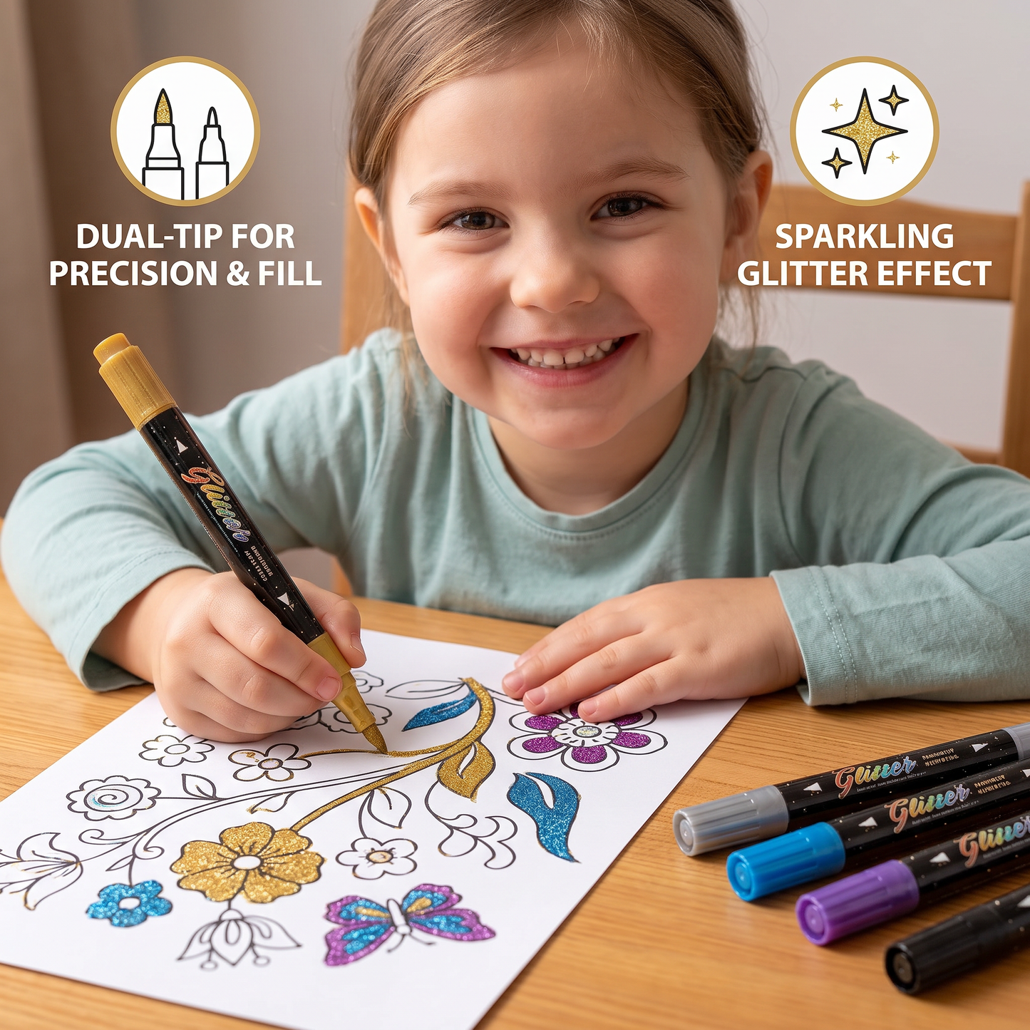Glitter Brush Marker Set – Dual-Tip Sparkling Art Markers