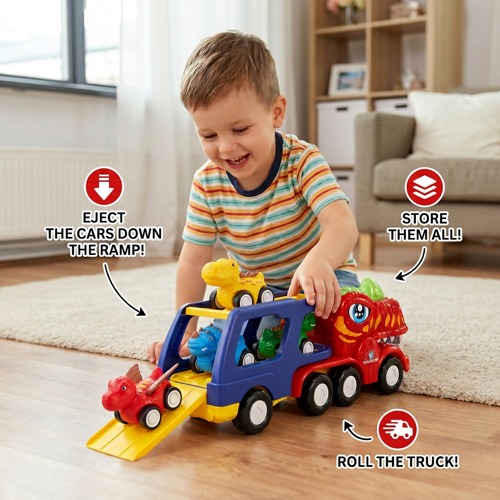 Dinosaur Transport Truck Toy Set with Mini Dino Cars