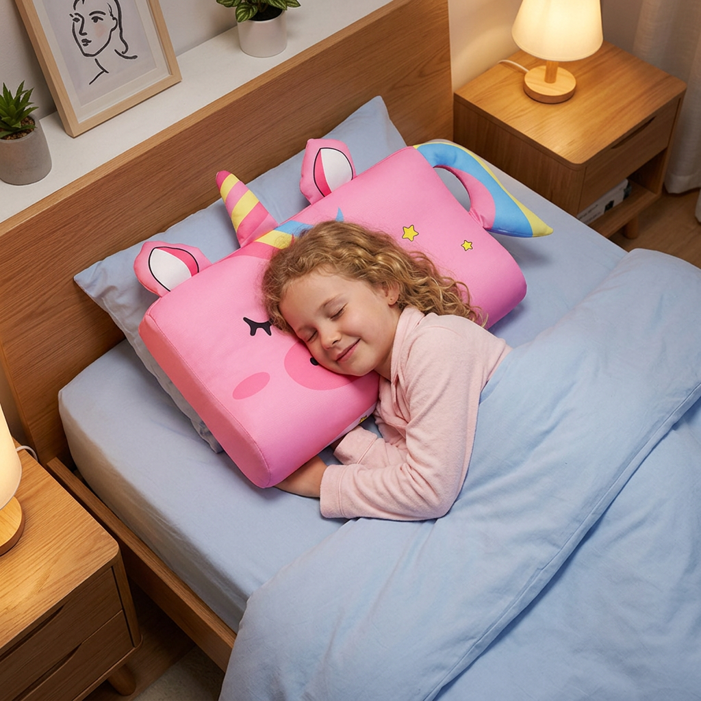 Calming Ergonomic Kids’ Pillow with Cartoon Animal Pillowcase
